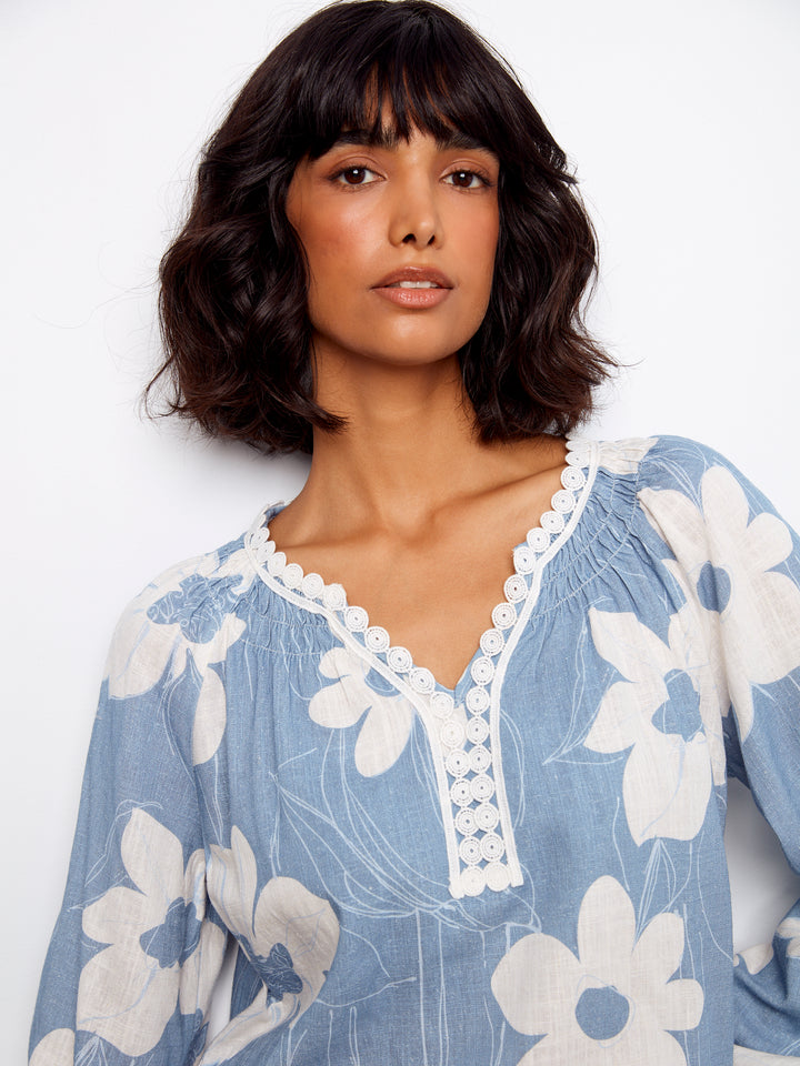 Charlie B Printed Linen Blend Raglan Blouse with Crochet Trim