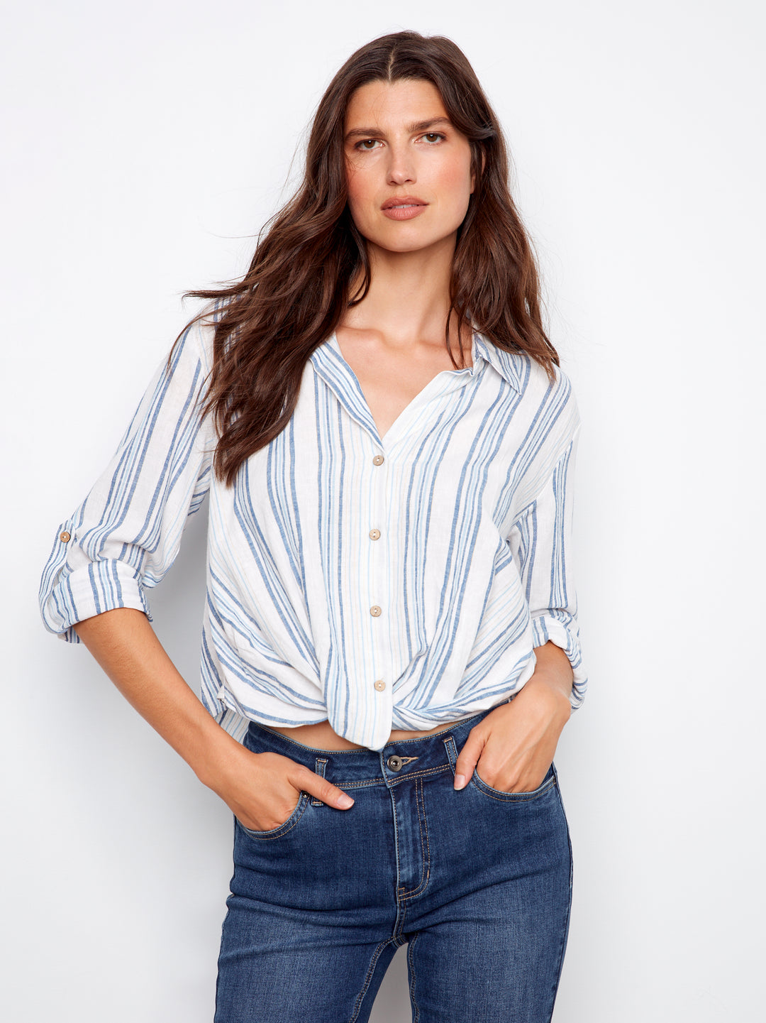 Charlie B Striped Linen Blend Shirt With Front Twist