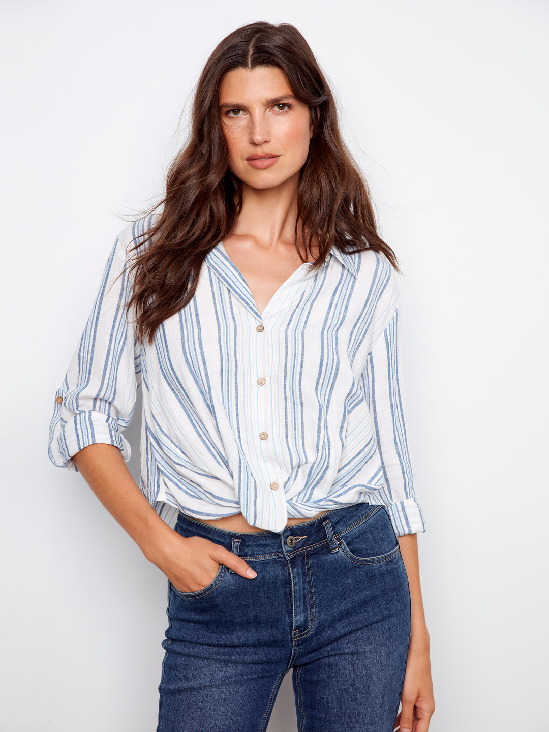 Charlie B Striped Linen Blend Shirt With Front Twist
