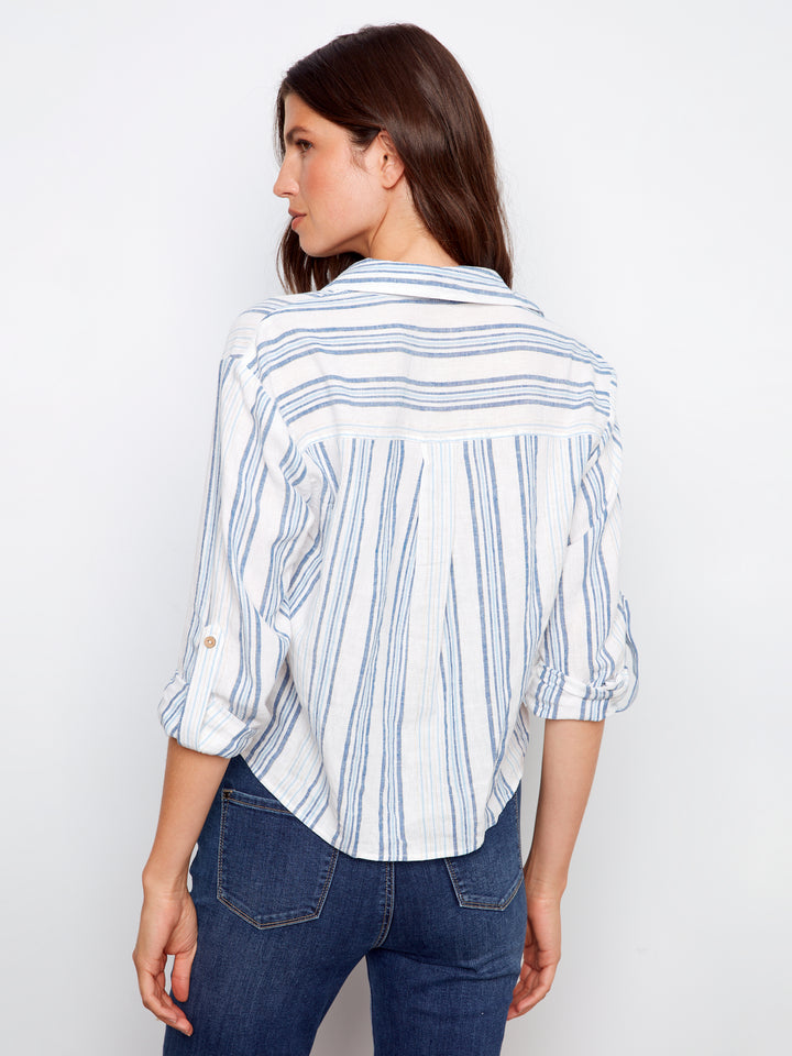 Charlie B Striped Linen Blend Shirt With Front Twist