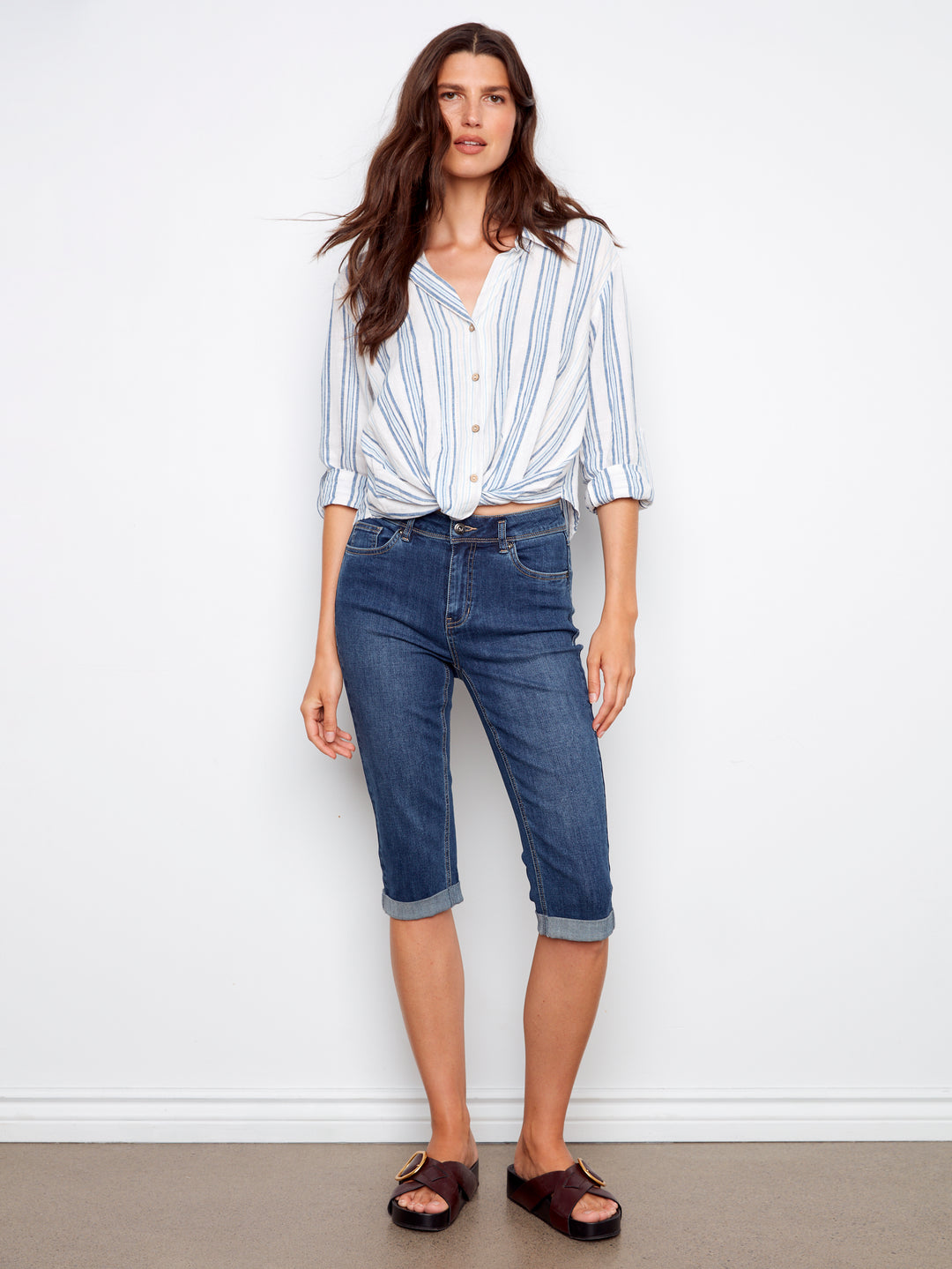 Charlie B Striped Linen Blend Shirt With Front Twist