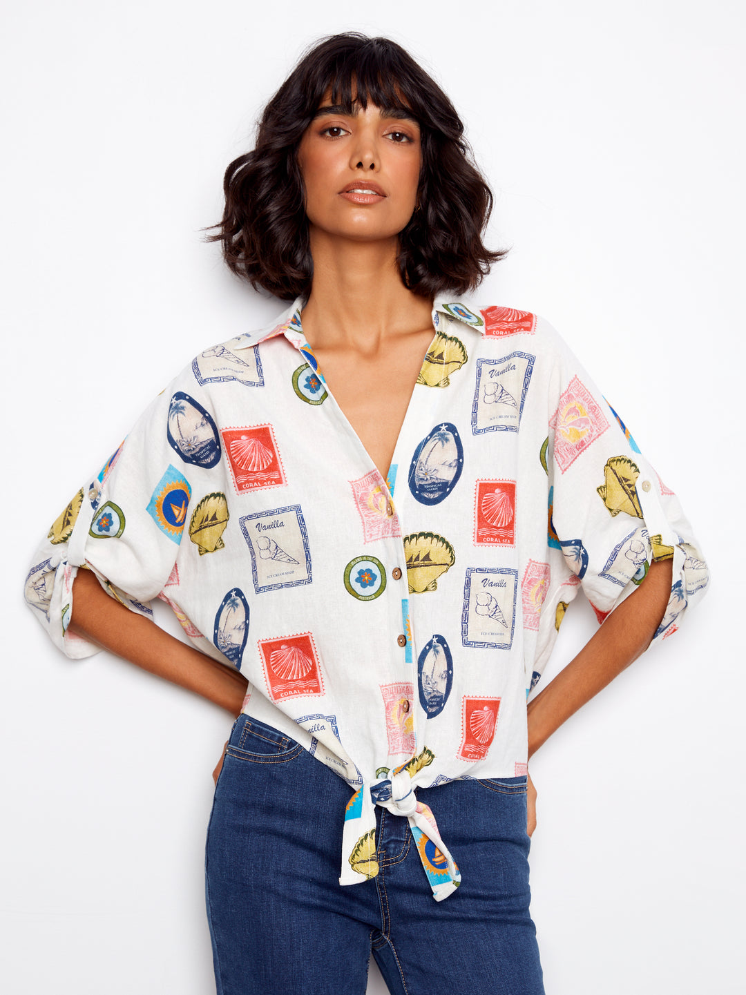 Charlie B Printed Linen Blend Front-Tie Blouse