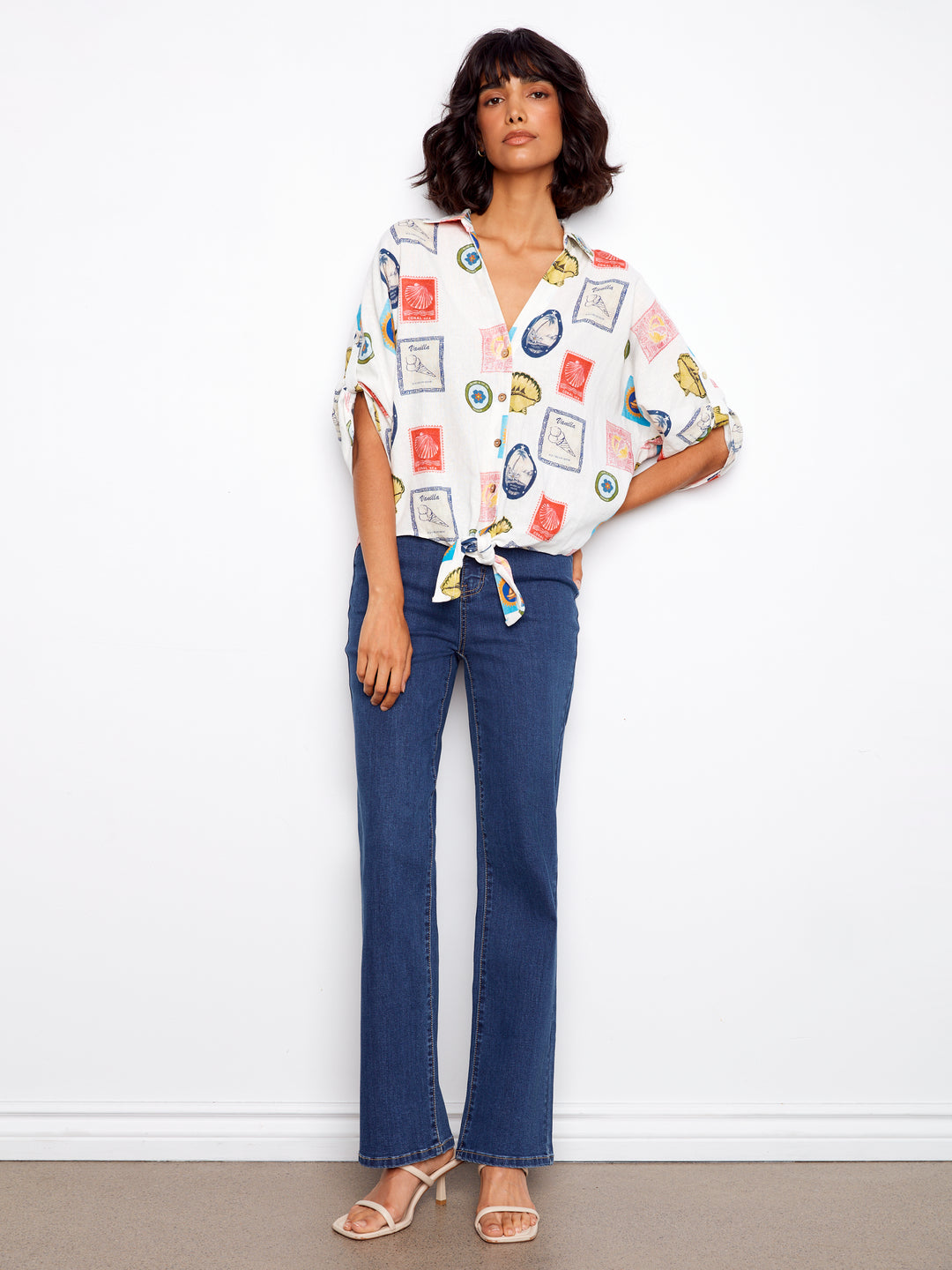 Charlie B Printed Linen Blend Front-Tie Blouse