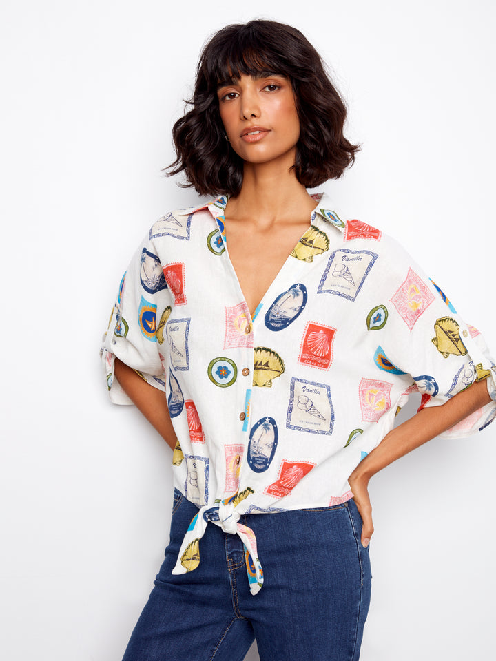 Charlie B Printed Linen Blend Front-Tie Blouse