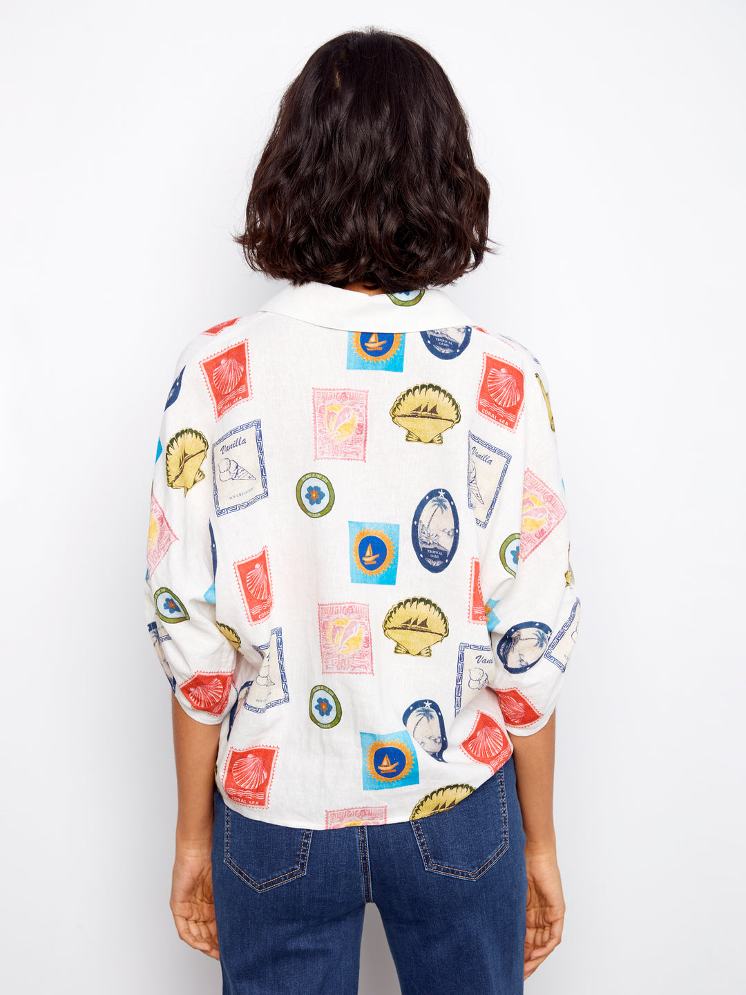 Charlie B Printed Linen Blend Front-Tie Blouse