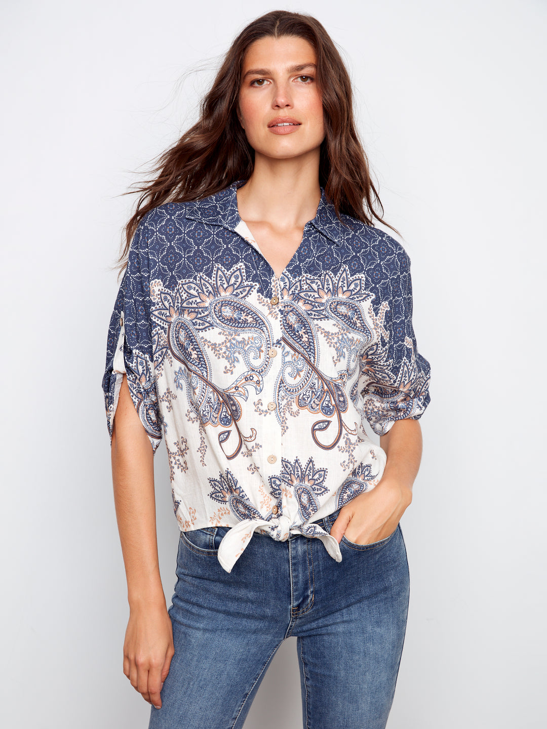 Charlie B Printed Linen Blend Front-Tie Blouse