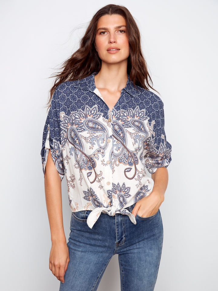 Charlie B Printed Linen Blend Front-Tie Blouse
