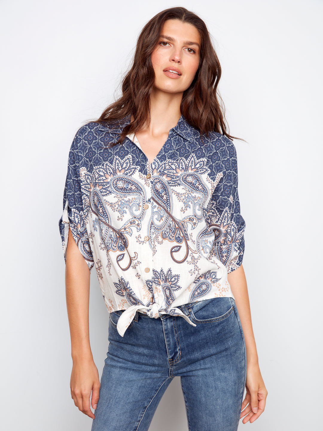Charlie B Printed Linen Blend Front-Tie Blouse