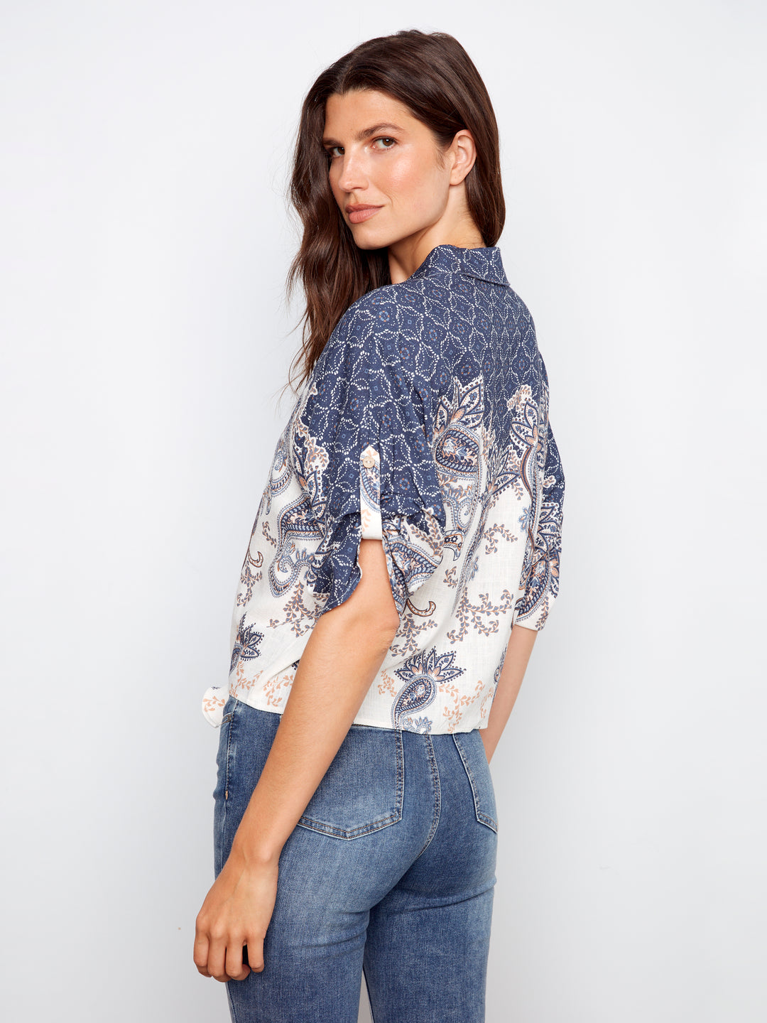 Charlie B Printed Linen Blend Front-Tie Blouse