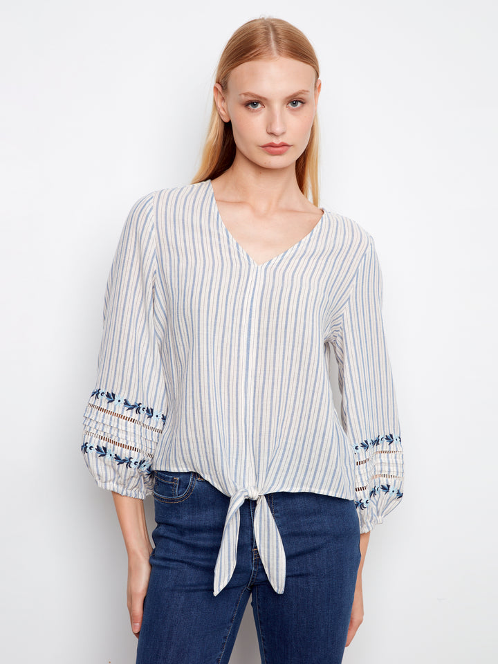 Charlie B Striped Cotton Blouse With Embroidered Sleeves