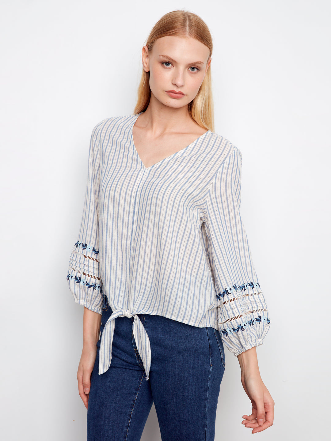 Charlie B Striped Cotton Blouse With Embroidered Sleeves