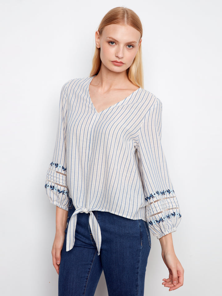Charlie B Striped Cotton Blouse With Embroidered Sleeves