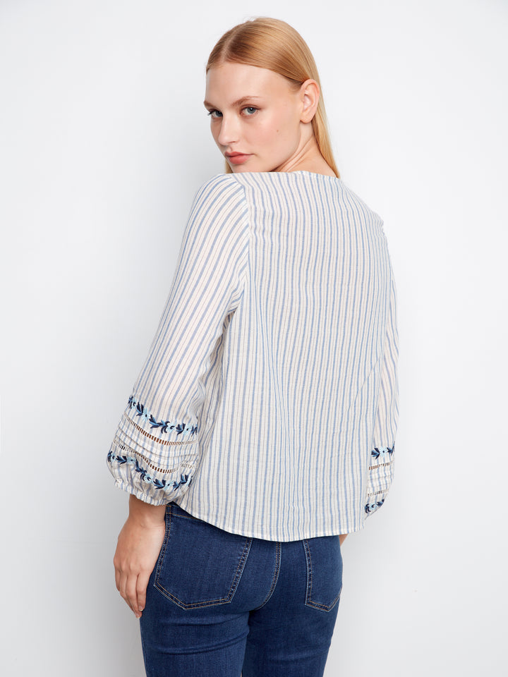 Charlie B Striped Cotton Blouse With Embroidered Sleeves