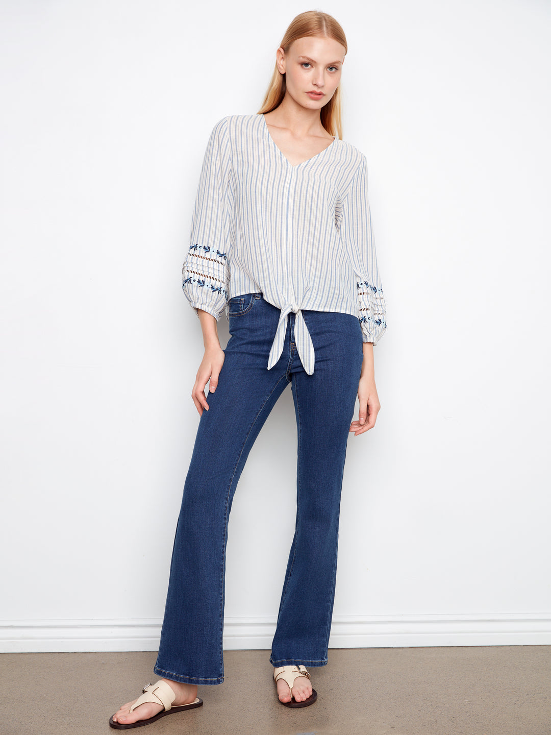 Charlie B Striped Cotton Blouse With Embroidered Sleeves