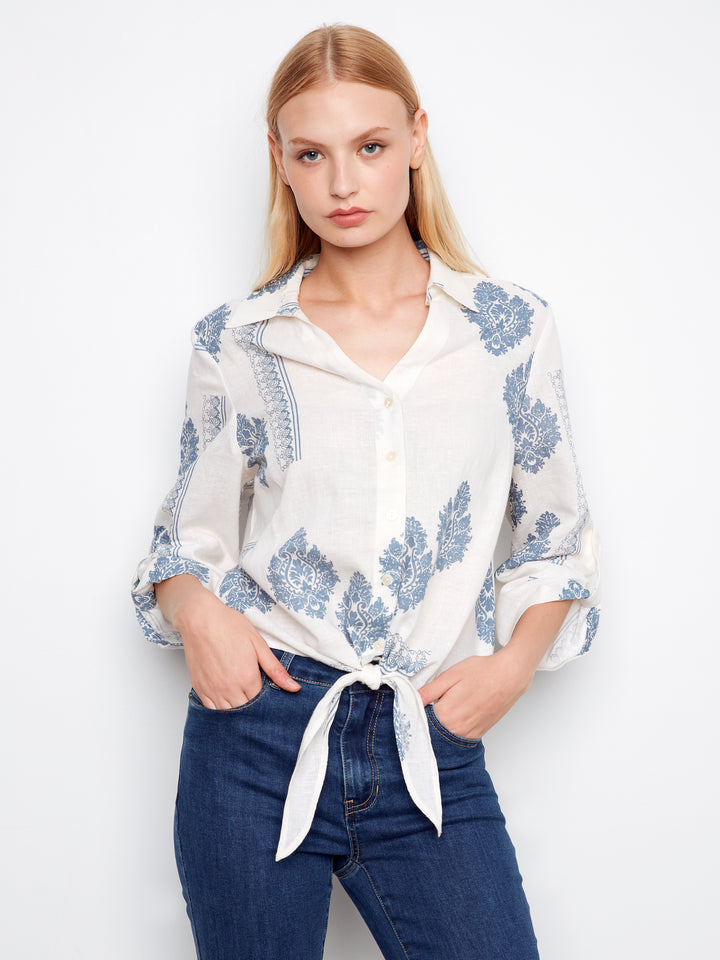 Charlie B Printed Linen Blend Button-Up Blouse