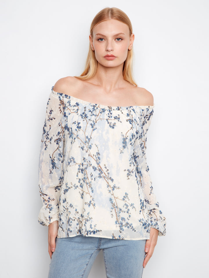 Charlie B Printed Eyelet Off-Shoulder Blouse