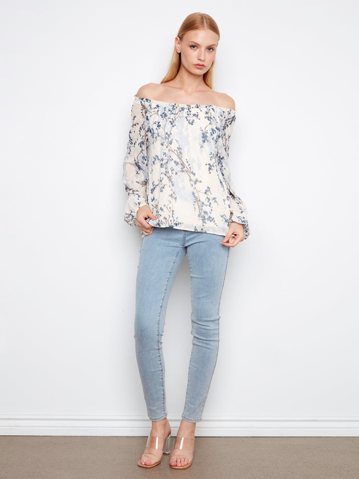 Charlie B Printed Eyelet Off-Shoulder Blouse