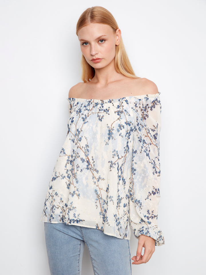 Charlie B Printed Eyelet Off-Shoulder Blouse