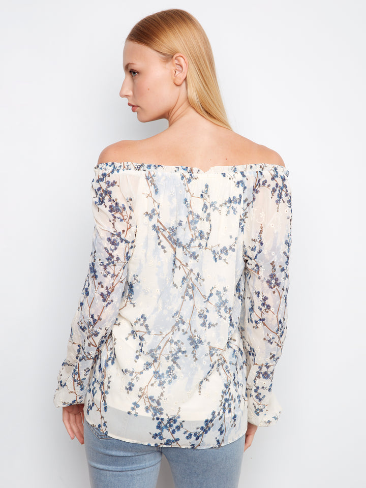 Charlie B Printed Eyelet Off-Shoulder Blouse