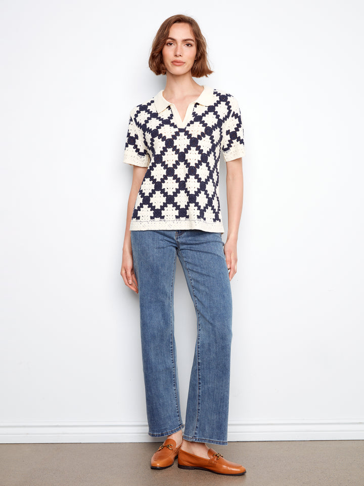 Charlie B Johnny Collar Crochet Cotton Blend Top