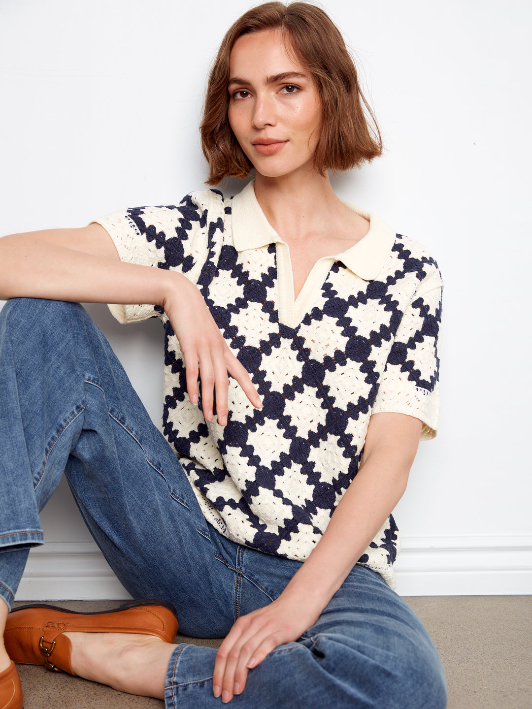 Charlie B Johnny Collar Crochet Cotton Blend Top