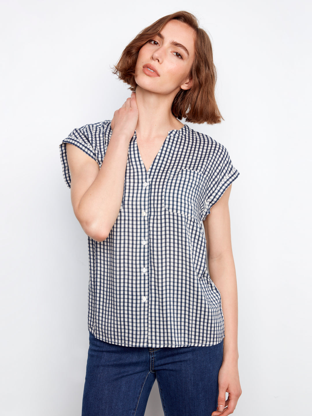 Charlie B Printed Gingham Button-Up Blouse