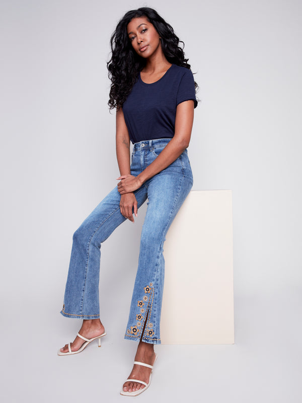 Charlie B Embroidered Slit Bell Bottom Denim Pant