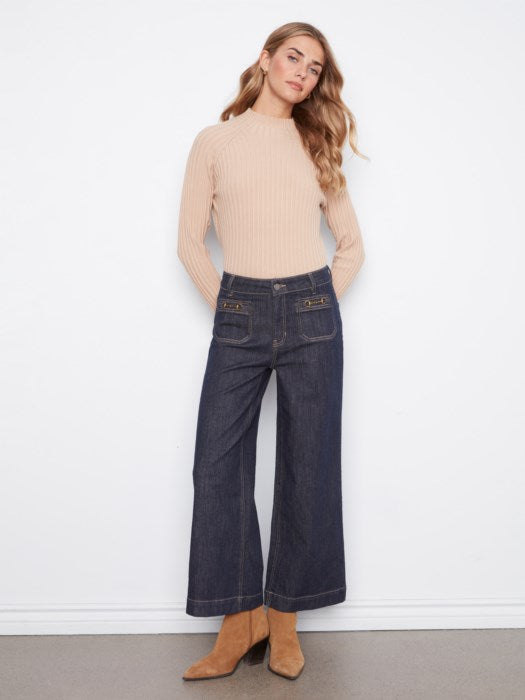 Charlie B Cropped Insert Pocket With Horsebit Wide Leg Stretch Denim Jean