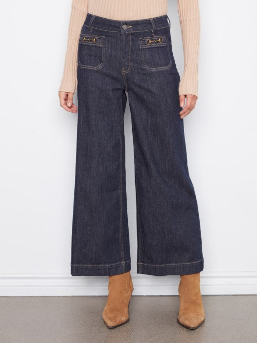 Charlie B Cropped Insert Pocket With Horsebit Wide Leg Stretch Denim Jean