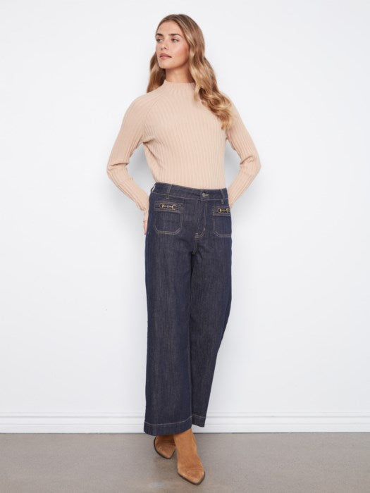 Charlie B Cropped Insert Pocket With Horsebit Wide Leg Stretch Denim Jean