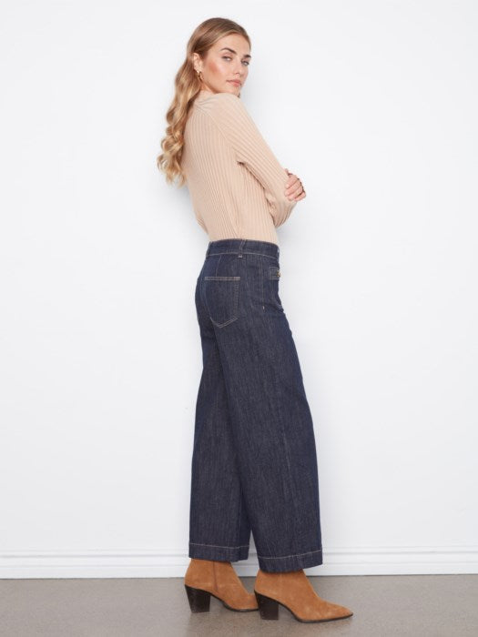 Charlie B Cropped Insert Pocket With Horsebit Wide Leg Stretch Denim Jean