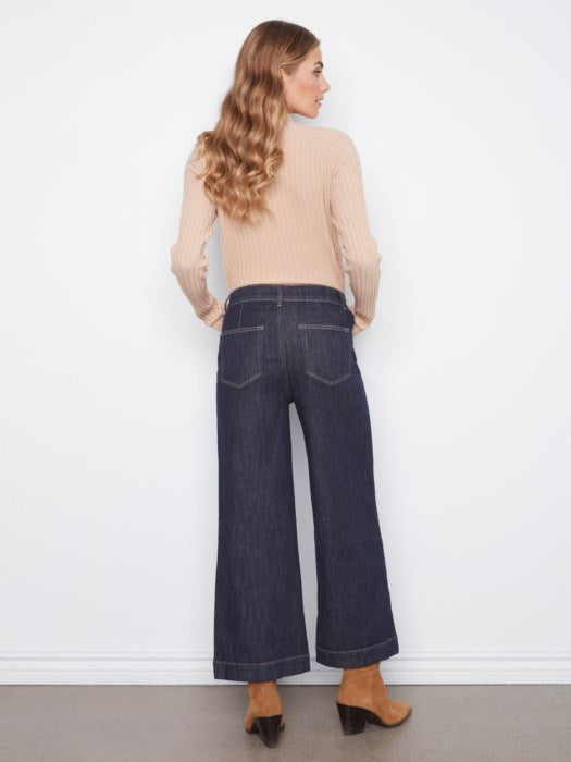Charlie B Cropped Insert Pocket With Horsebit Wide Leg Stretch Denim Jean