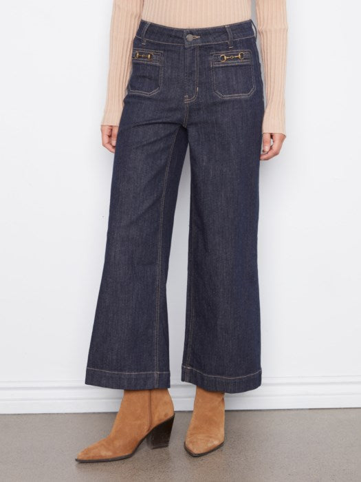 Charlie B Cropped Insert Pocket With Horsebit Wide Leg Stretch Denim Jean