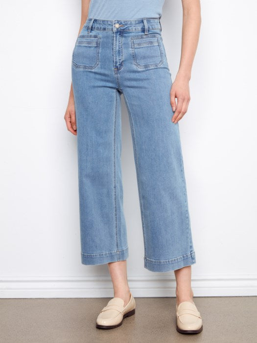 Charlie B Cropped Patch Pocket Flare Jeans
