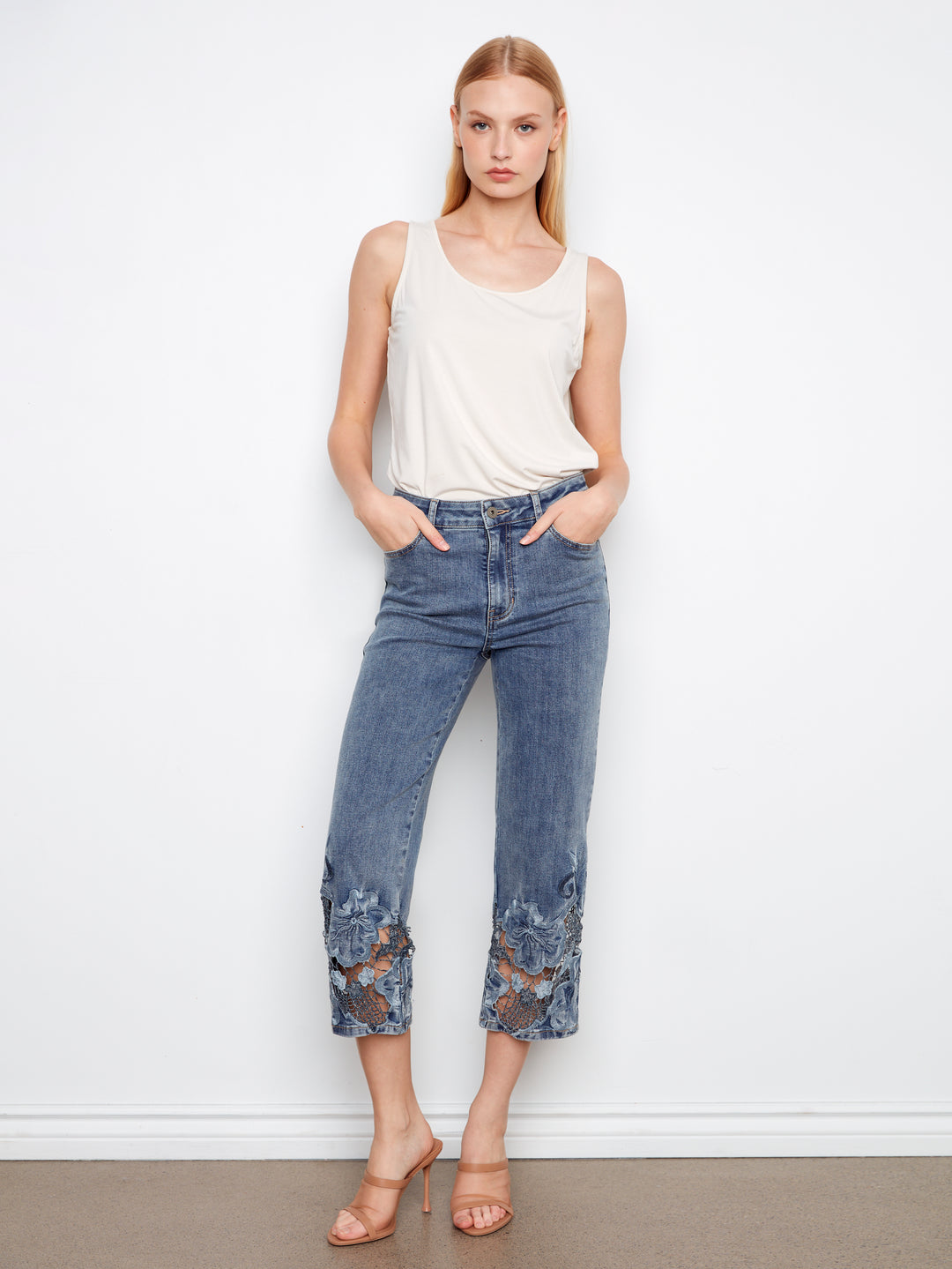 Charlie B Laser Cut Embroidered Hem Cropped Stretch Denim Flare Leg Jean