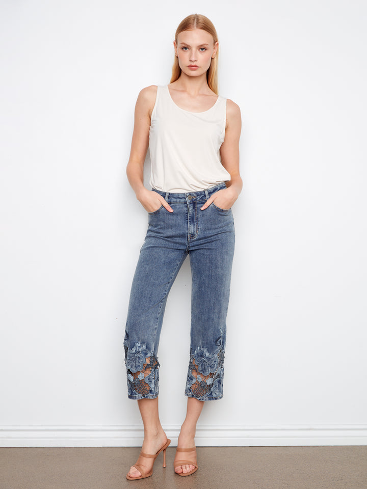 Charlie B Laser Cut Embroidered Hem Cropped Stretch Denim Flare Leg Jean