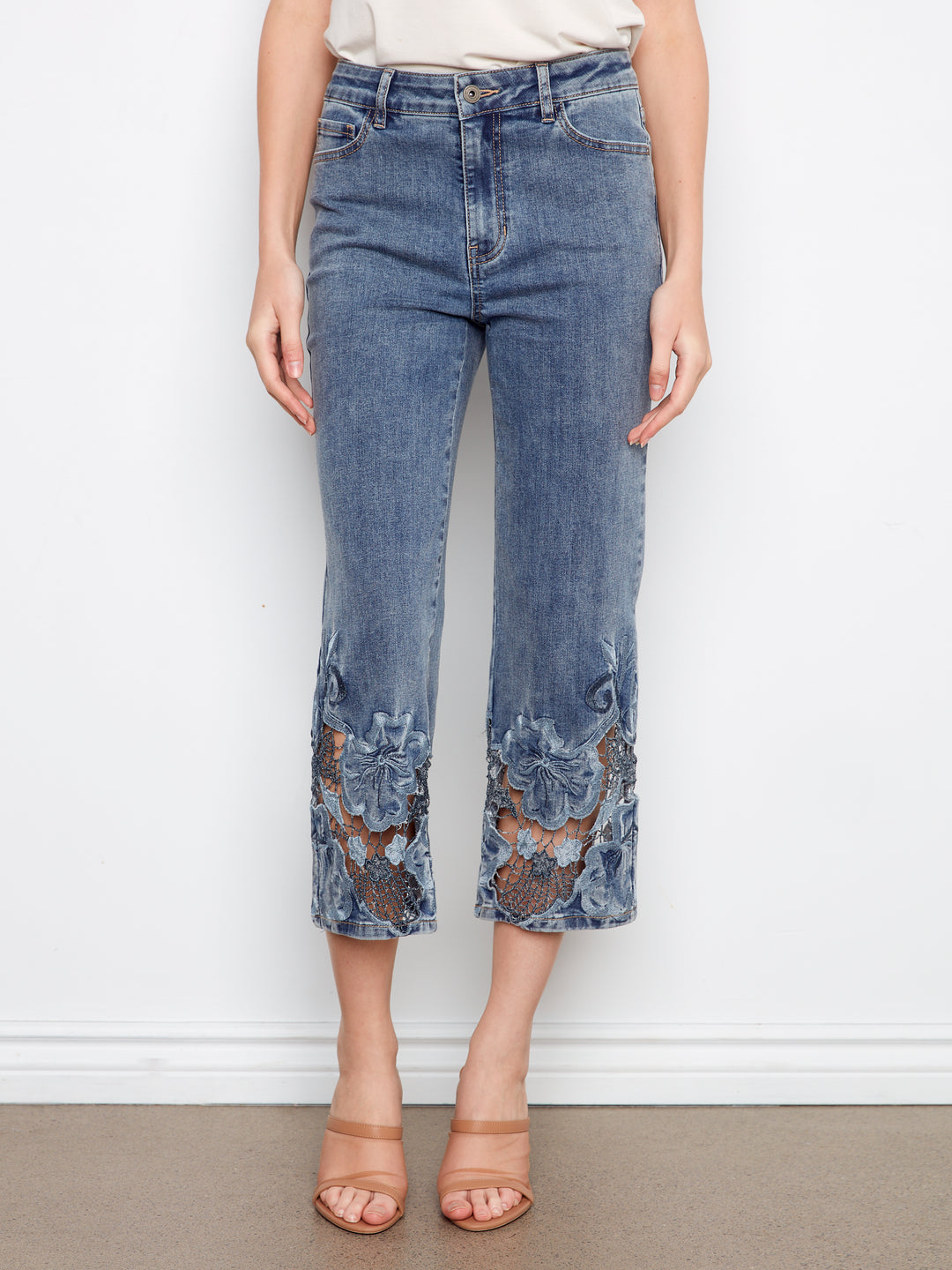Charlie B Laser Cut Embroidered Hem Cropped Stretch Denim Flare Leg Jean