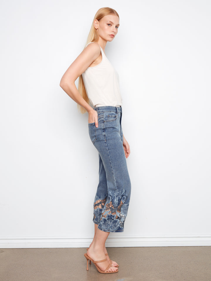 Charlie B Laser Cut Embroidered Hem Cropped Stretch Denim Flare Leg Jean