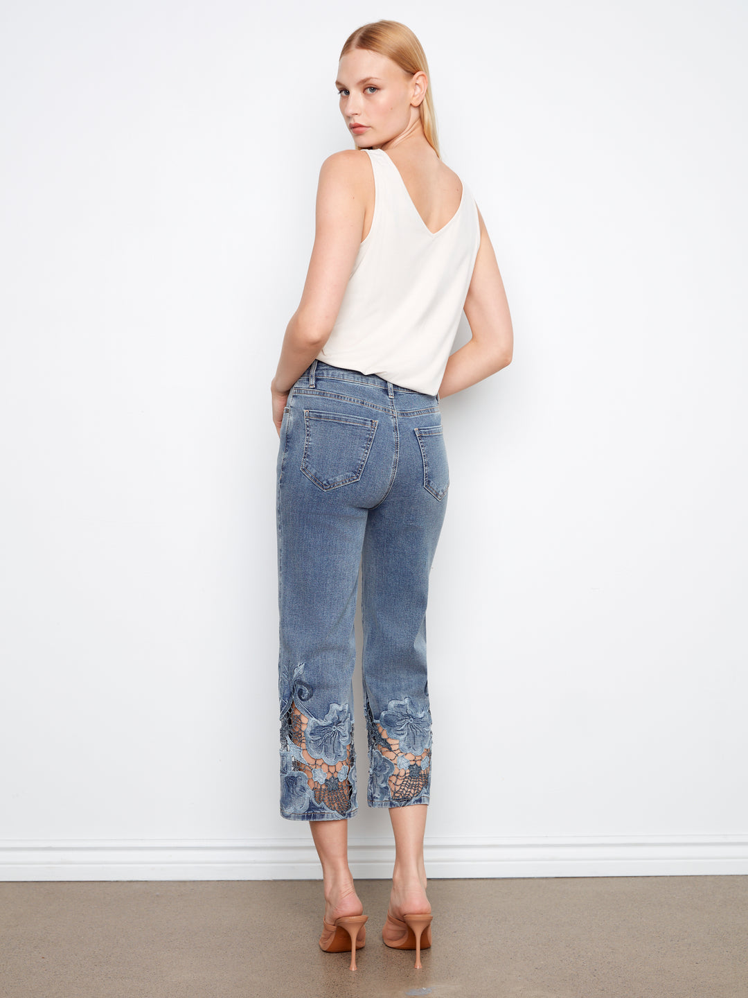 Charlie B Laser Cut Embroidered Hem Cropped Stretch Denim Flare Leg Jean