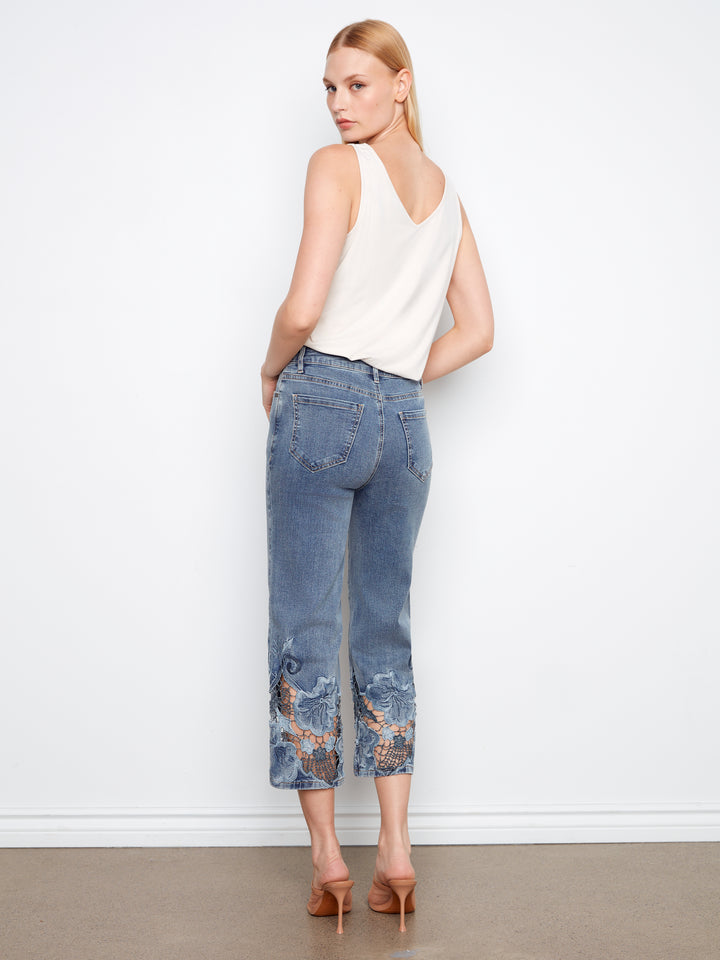 Charlie B Laser Cut Embroidered Hem Cropped Stretch Denim Flare Leg Jean