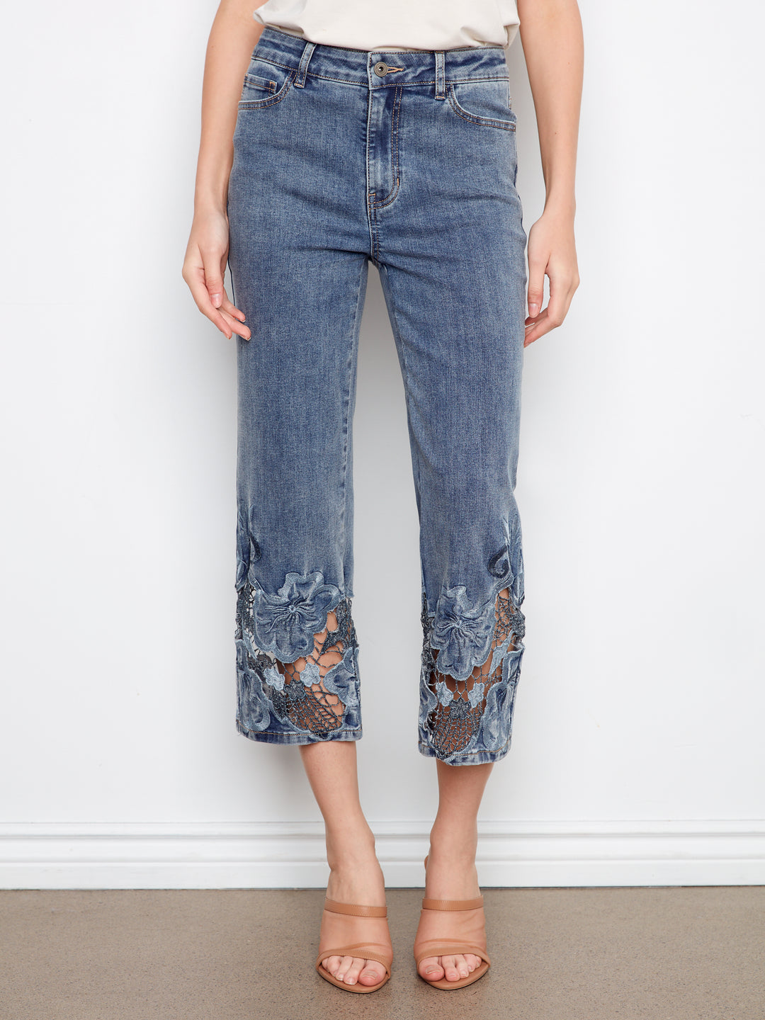 Charlie B Laser Cut Embroidered Hem Cropped Stretch Denim Flare Leg Jean