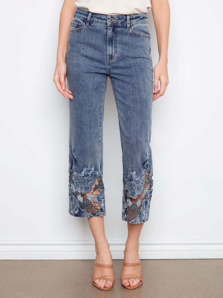 Charlie B Laser Cut Embroidered Hem Cropped Stretch Denim Flare Leg Jean