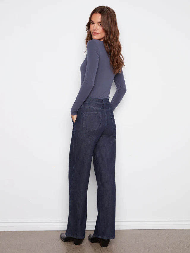 Charlie B Wide Leg Stretch Denim Pants With Slash Pockets