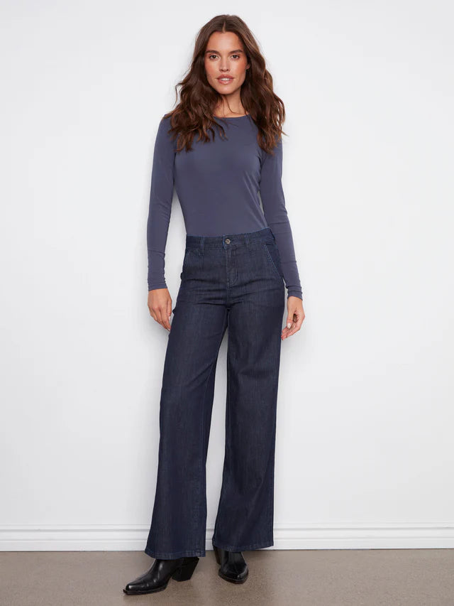 Charlie B Wide Leg Stretch Denim Pants With Slash Pockets