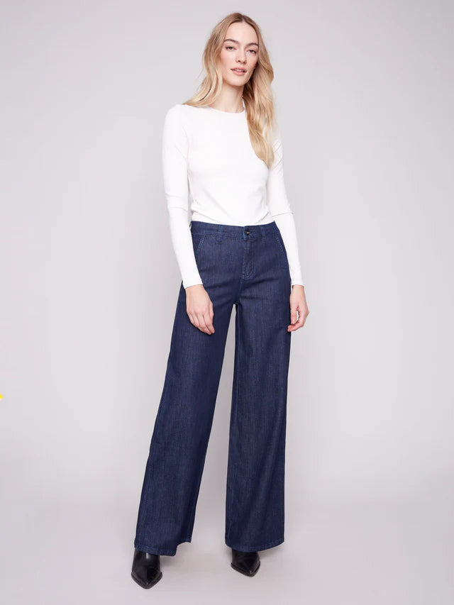 Charlie B Wide Leg Stretch Denim Pants With Slash Pockets