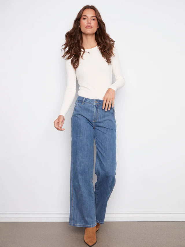 Charlie B Wide Leg Stretch Denim Pants With Slash Pockets