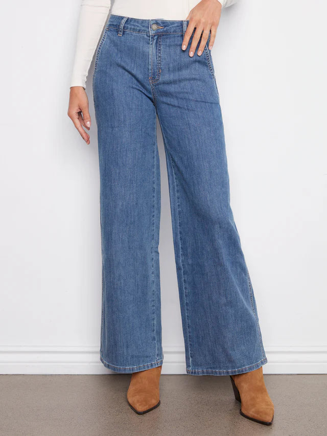 Charlie B Wide Leg Stretch Denim Pants With Slash Pockets