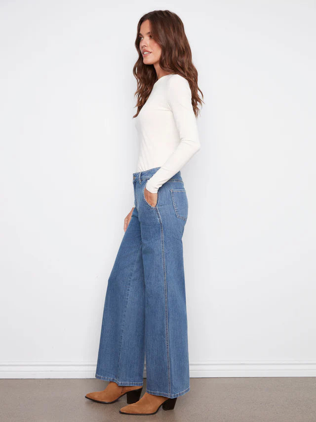 Charlie B Wide Leg Stretch Denim Pants With Slash Pockets