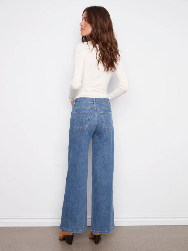 Charlie B Wide Leg Stretch Denim Pants With Slash Pockets