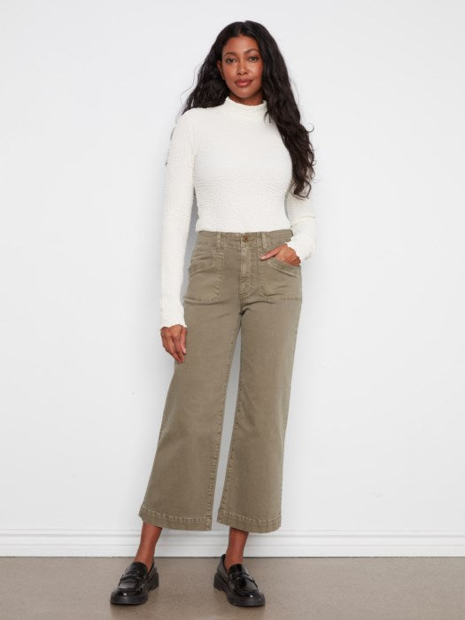 Charlie B Cropped Wide Leg Colored Twill Pants With Patch Pockets